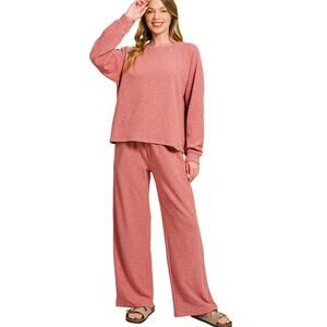 Zenana Small Matching Lounge Set Heather Red Long Sleeve Top Wide Leg Pants Cozy